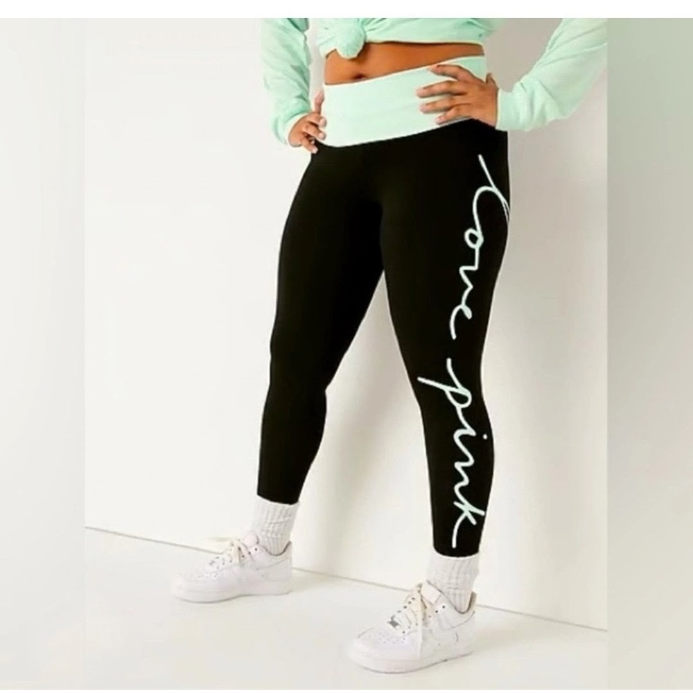 Pink Victoria's Secret Leggings XL Black Mint Green Foldover Yoga Capri Pants